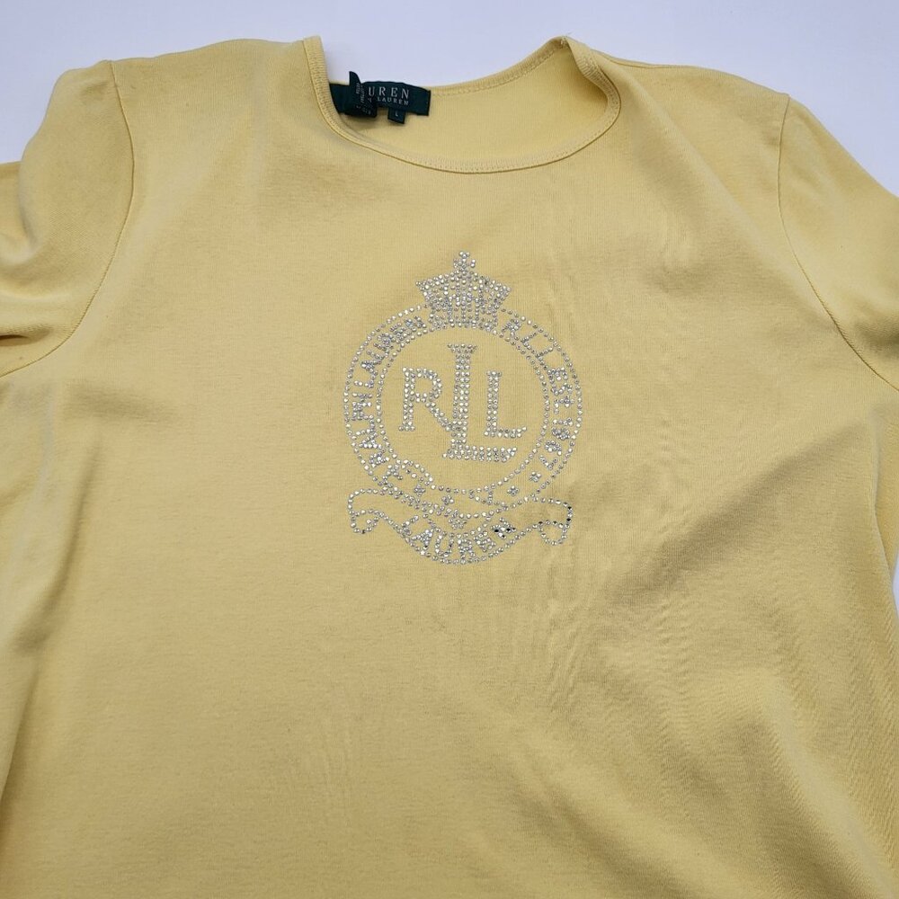 LAUREN RALPH LAUREN Women's LG Pastel Yellow Rhinestone Logo T Shirt Y2K - Picture 10 of 10